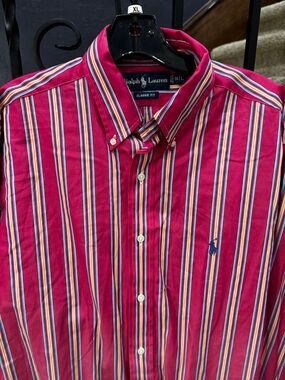 Large Ralph Lauren Fuchsia Red Multi-Stripe Button-Down Shirt Classic fit